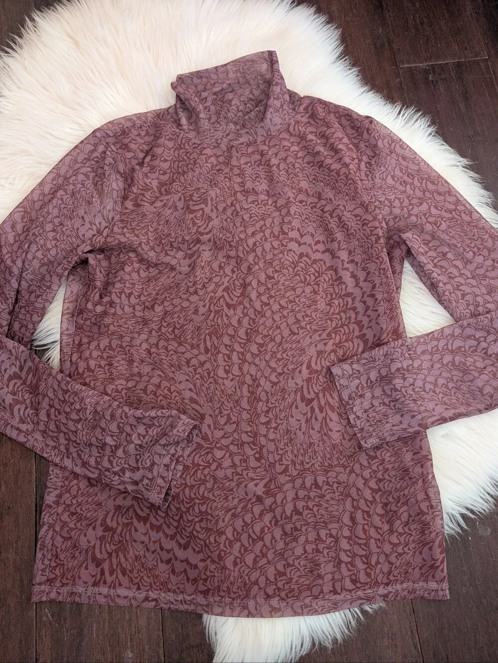 Anthropologie Semi Sheer Mesh Knit Mauve Patterned Long Sleeve Turtleneck Top M